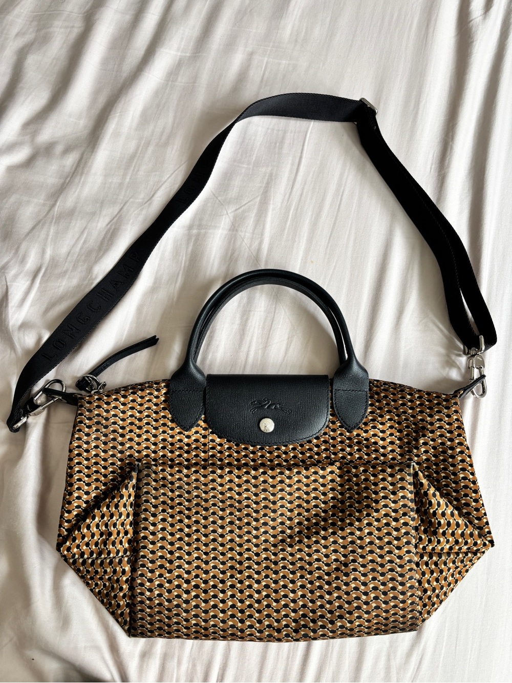Longchamp Tan and Black Patterned Le Pliage Tote